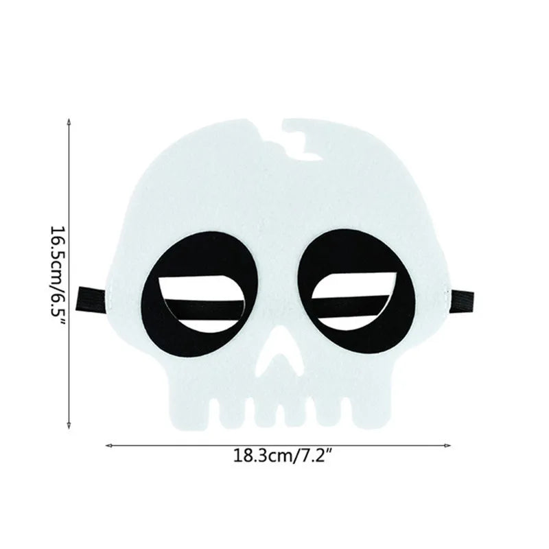 White skull mask with black eye surrounds; source dimensions show width of 18.3 cm or 7.2 in and height of 16.5 cm or 6.5 in.