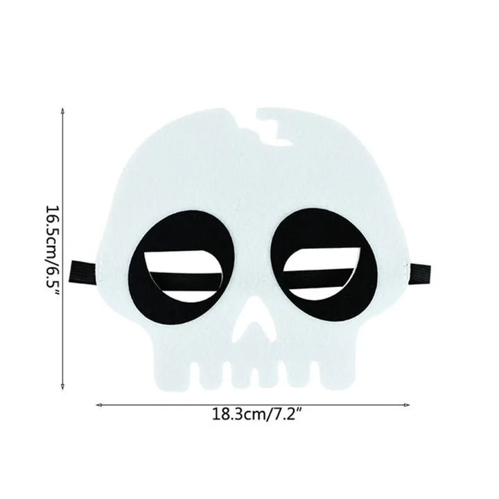 White skull mask with black eye surrounds; source dimensions show width of 18.3 cm or 7.2 in and height of 16.5 cm or 6.5 in.