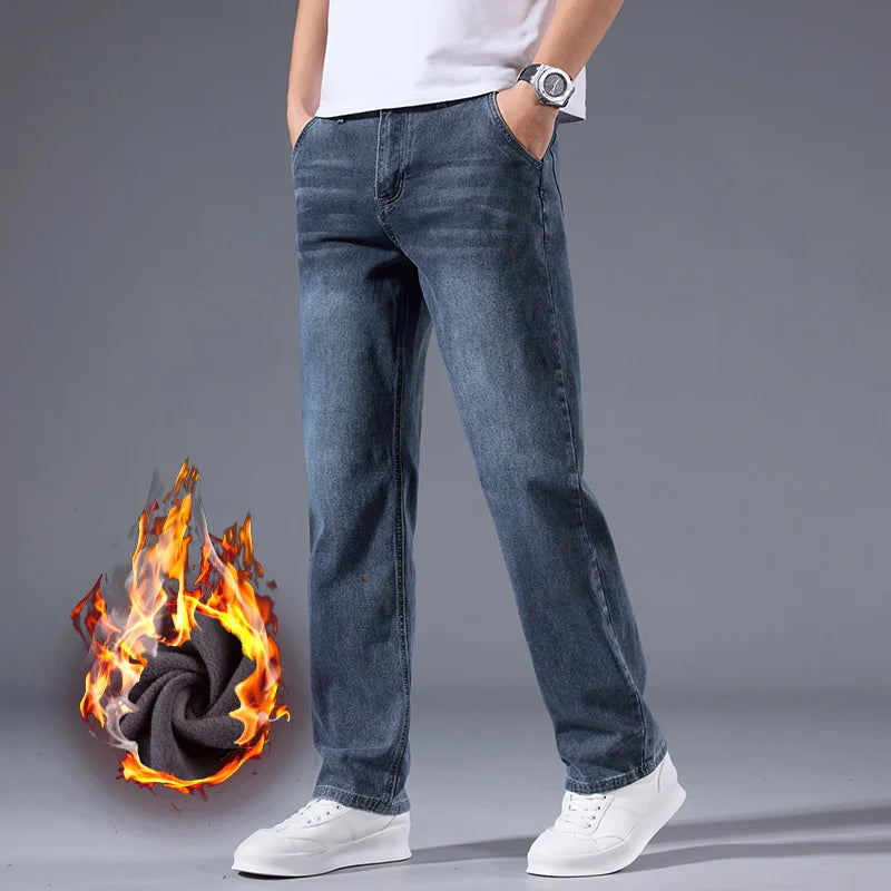 Men's fleece lined jeans winter weight ankle length denim pants with slight stretch for driving, walking, and workdays
