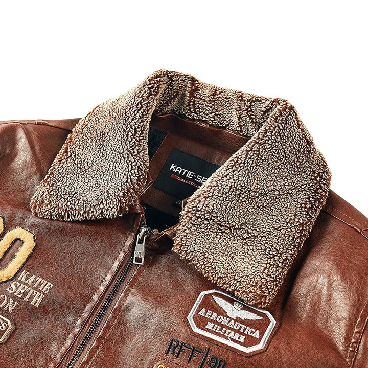 Close-up of the brown jacket&