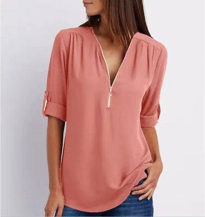 Women’s Deep V Neck Chiffon Blouse – Loose Longline