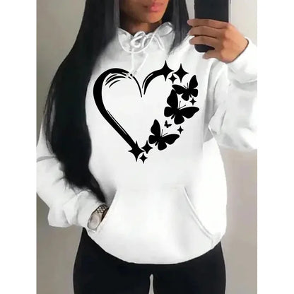 Cute butterfly hoodie women holding coffee casual campus streetwear outfit