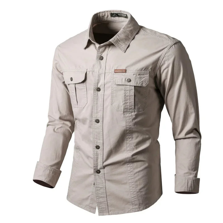 Original beige long-sleeve utility shirt with two flap chest pockets.