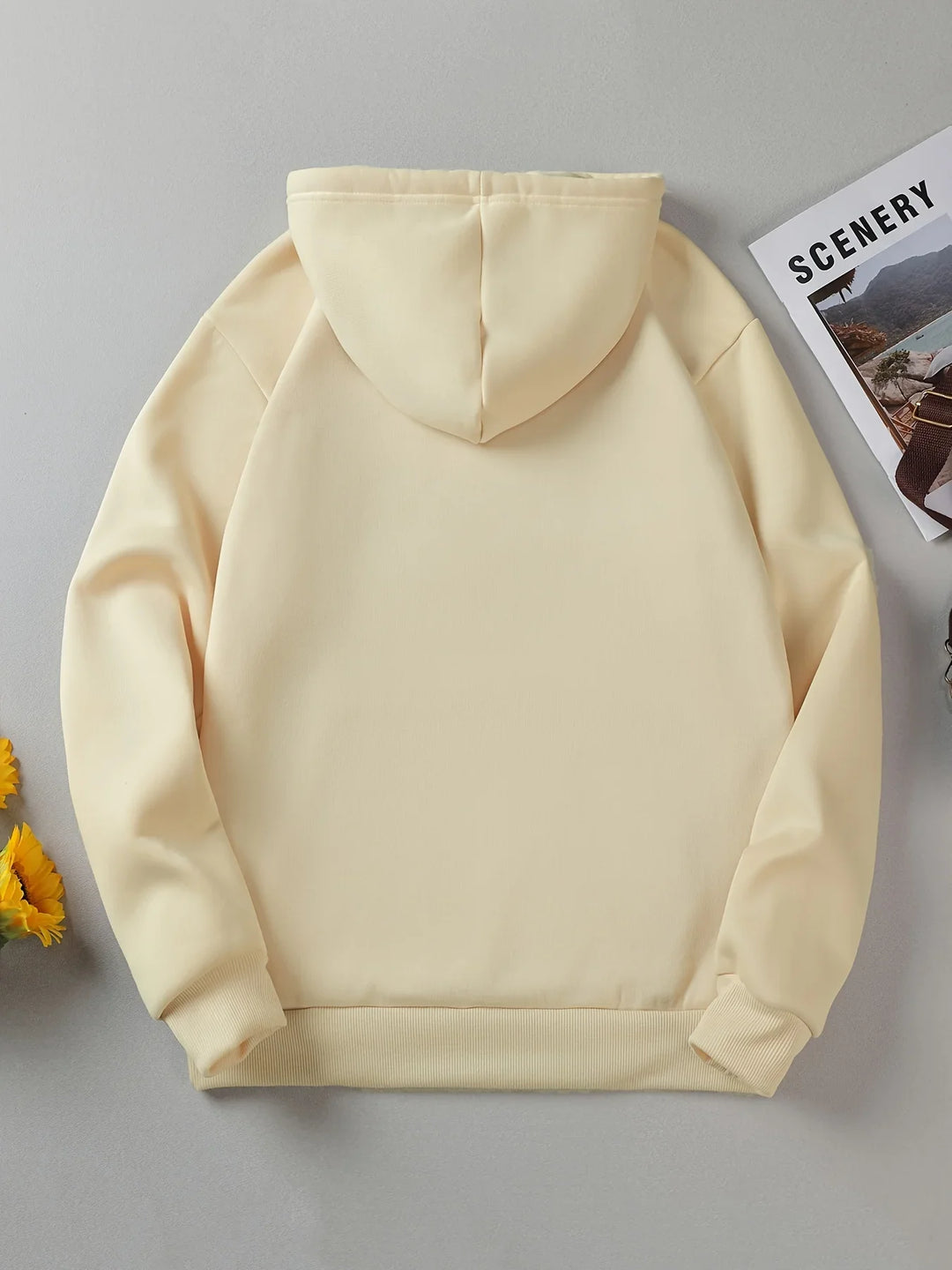 Loose fit hooded pullover sweatshirt full body pose autumn casual style