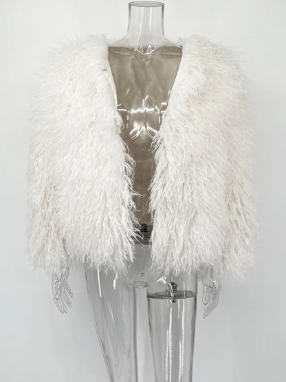 White Cropped Faux Fur Coat - Plush volume, clean-lined