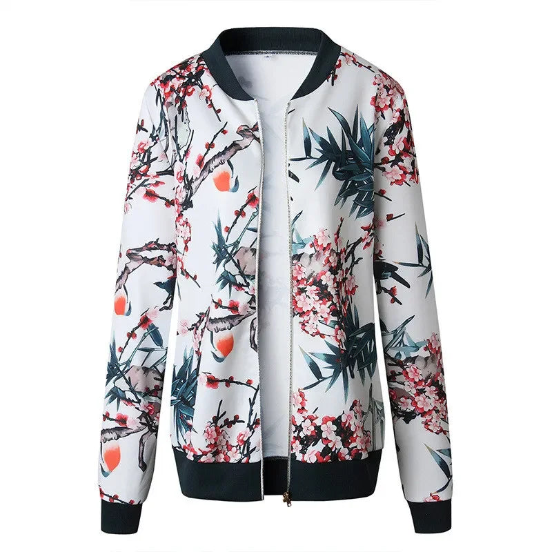 Botanical printed jacket with black ribbed collar, cuffs and hem, shown from the front on a seamless white studio background.