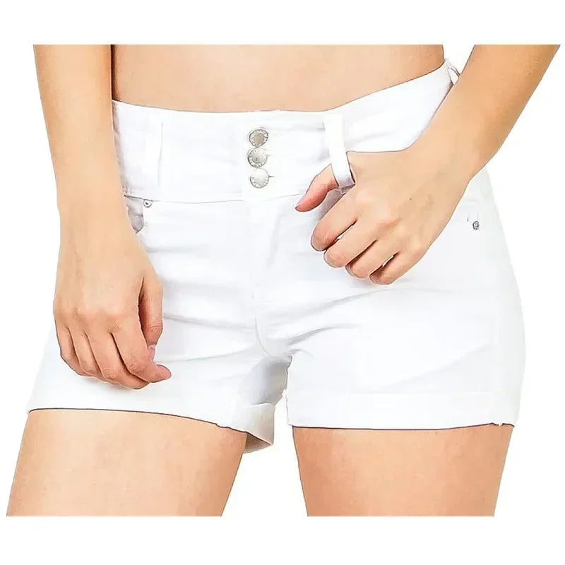 high waisted stretch denim shorts women folded hem option pockets casual street style pose