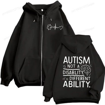 autism pride unisex jacket hooded sweatshirt different ability text front white casual polyester
