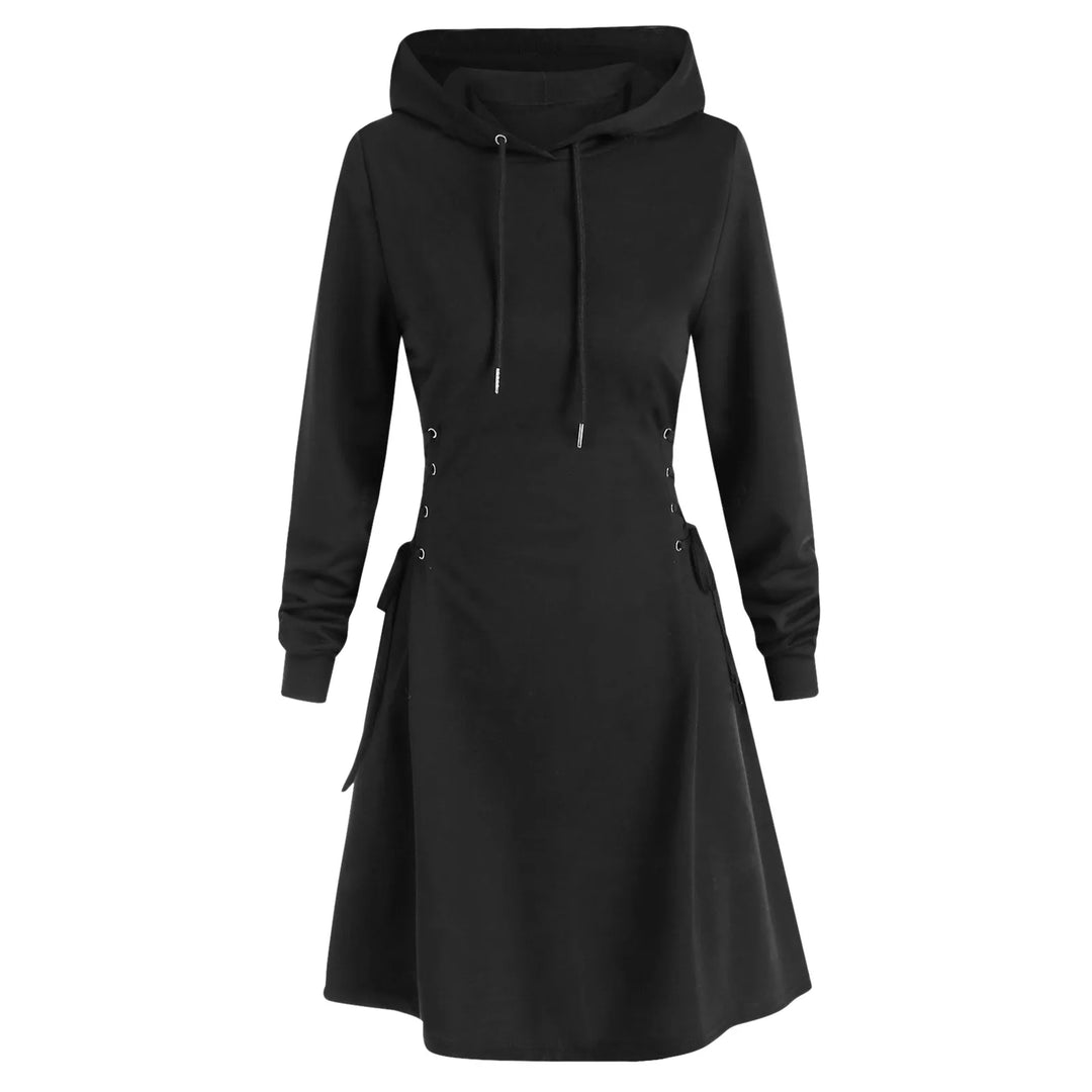 Black long-sleeve hoodie dress shown from the front