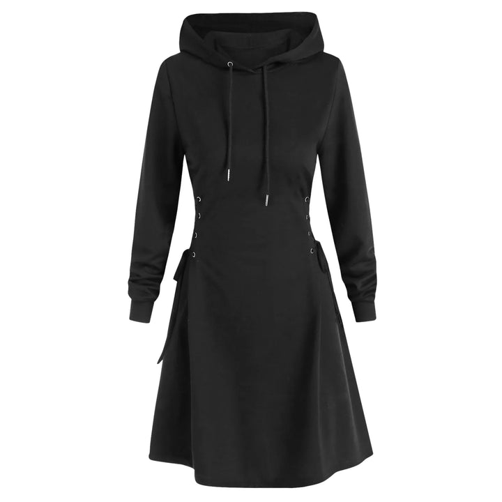 Black long-sleeve hoodie dress shown from the front