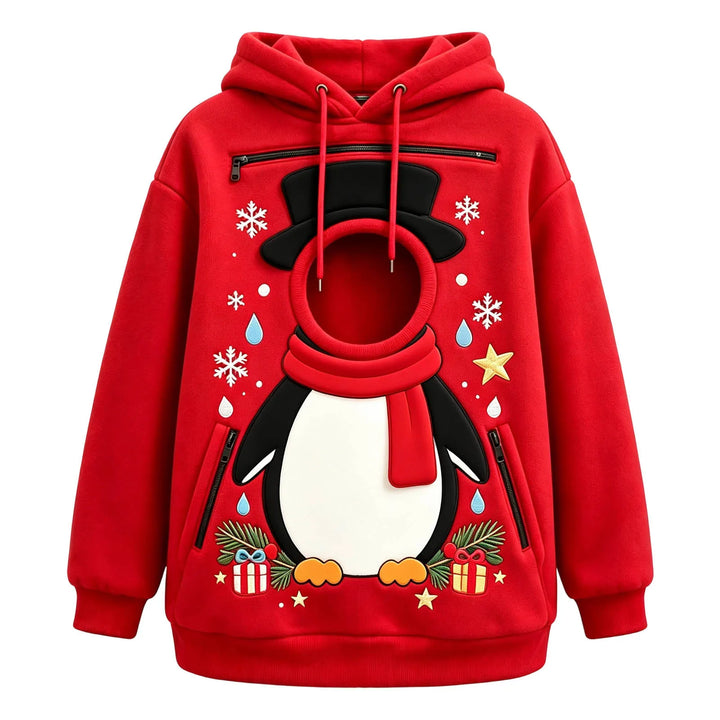 Red penguin hoodie front view, showing a circular front opening, long sleeves, drawstrings and black zipper pockets on white.