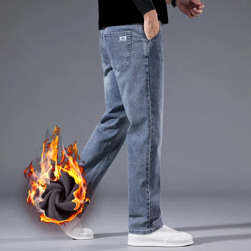 Men's fleece lined jeans moustache effect washed denim with fleece interior for cozy warmth without bulky layers
