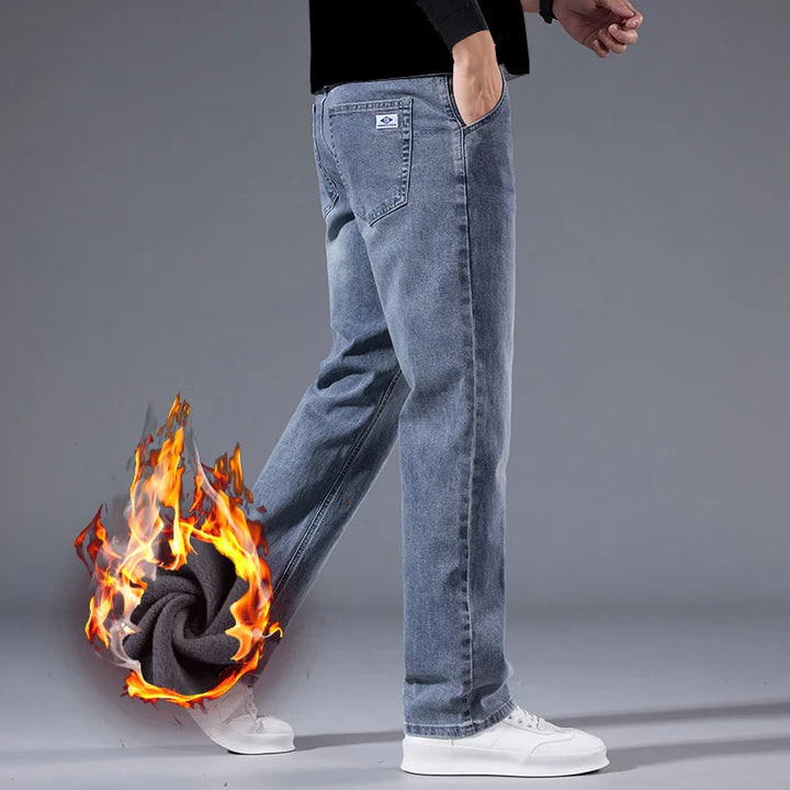 Men's fleece lined jeans moustache effect washed denim with fleece interior for cozy warmth without bulky layers
