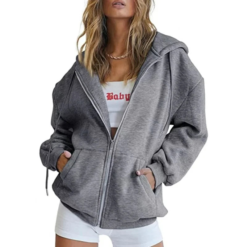 Dark grey long sleeve full zip hoodie shown on a model, with its original details, preserved in the original product gallery.