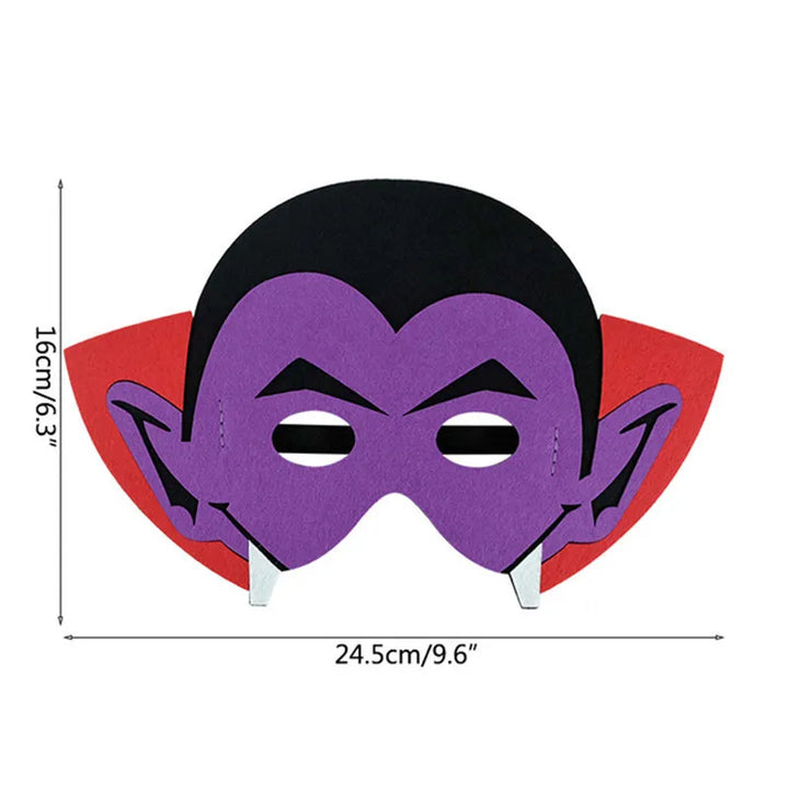Purple vampire felt mask with black hair and red collar; measurements show width 24.5 cm or 9.6 in and height 16 cm or 6.3 in