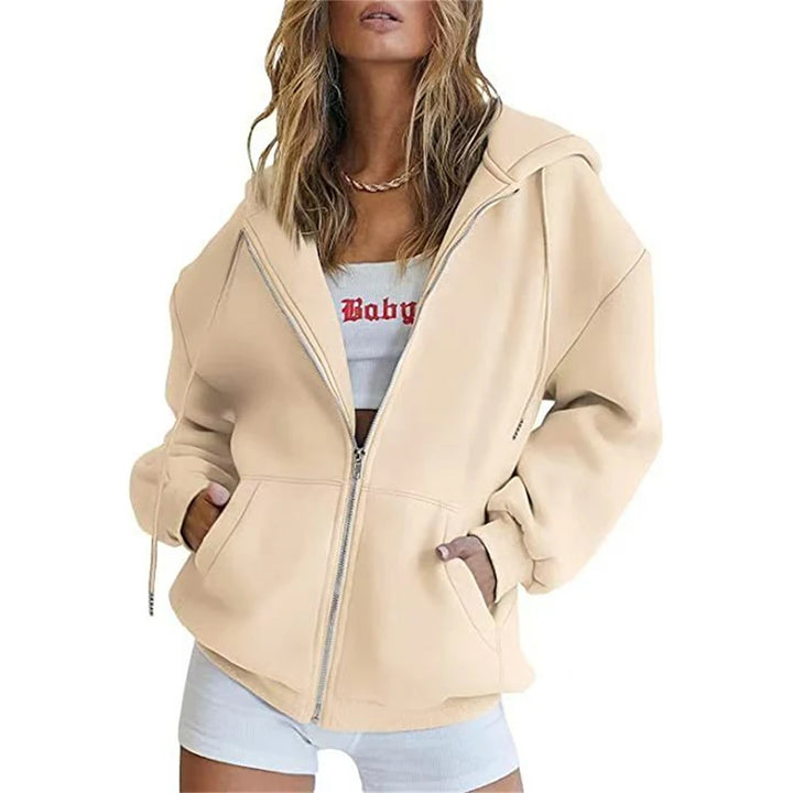 Khaki long sleeve full zip hoodie shown on a model, with original visual details, retained from the original product gallery.