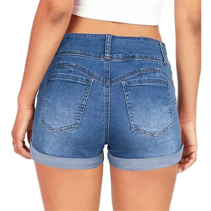 high waist jean shorts with pockets solid color woven fabric high rise flattering silhouette detail