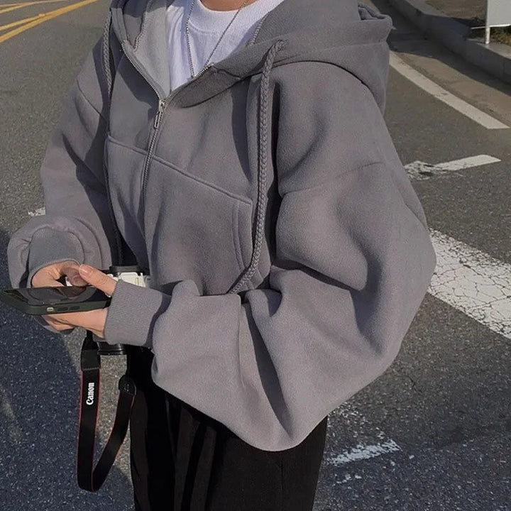 Dark grey cropped full zip hoodie shown on a model, with original visual details, retained from the original product gallery.