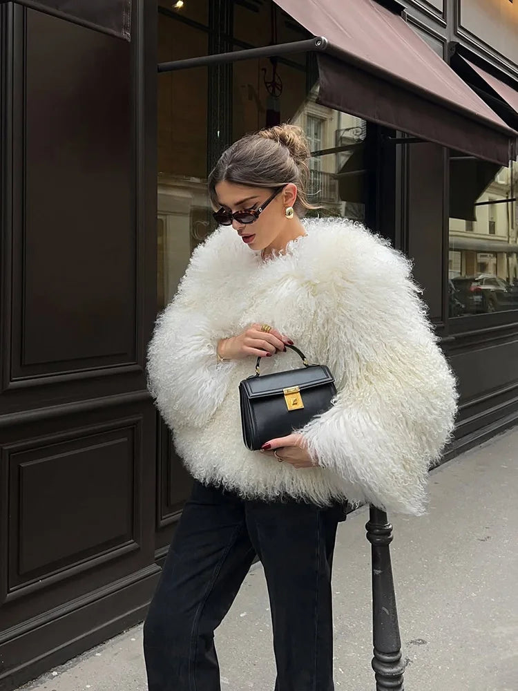 White Cropped Faux Fur Coat - Plush volume, clean-lined