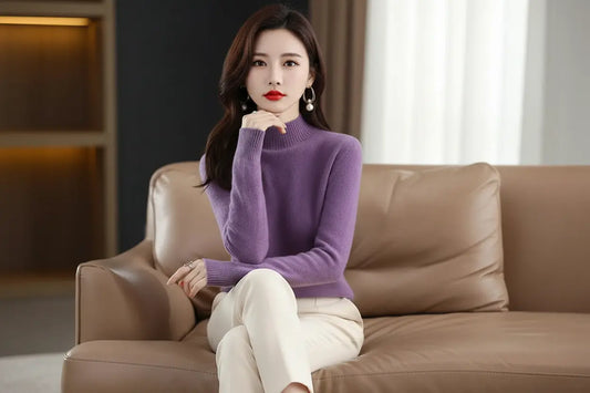 Half high collar women sweater Korean fashion mock neck pullover in creamy white, soft knit texture for daily wear
