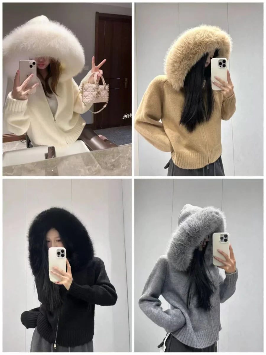 Oversized Hooded Cardigan – Cozy Fake Fur Zip Jacket