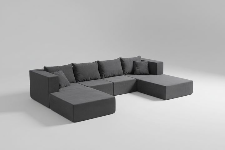 Corduroy modular sectional sofa arranged in a spacious living room with deep seats and matching ottomans