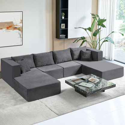 beige corduroy modular sectional sofa U-shape configuration deep seats cloud comfort modern living room