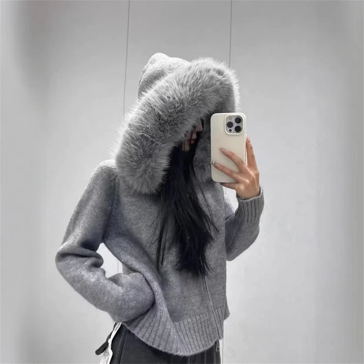 fake fur hooded sweater polyester knit medium weight cream color front view