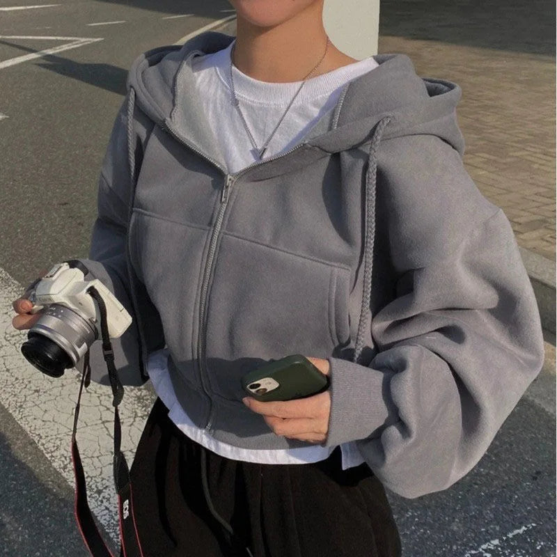 Dark grey cropped full zip hoodie shown on a model, with original visual details, retained from the original product gallery.