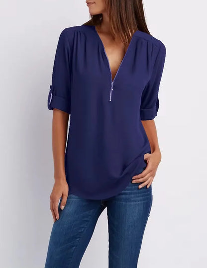 Women’s Deep V Neck Chiffon Blouse – Loose Longline