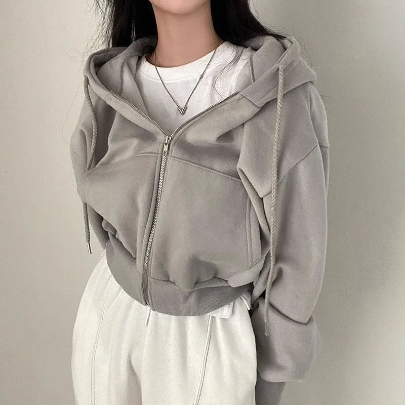 Beige cropped full zip hoodie shown on a model, with the original visual details, retained from the original product gallery.