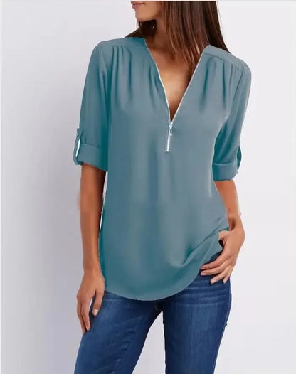 Women’s Deep V Neck Chiffon Blouse – Loose Longline