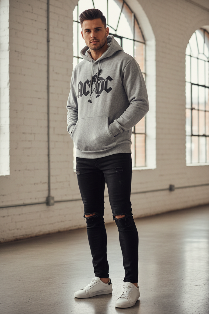 AC/DC hoodie men side profile relaxed silhouette autumn outfit