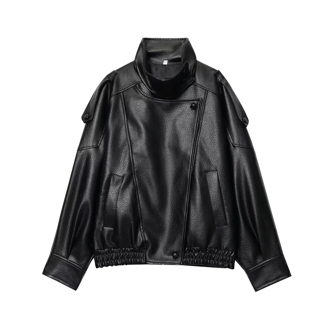 Plus Size Faux Leather Jacket with Asymmetric Zip Front