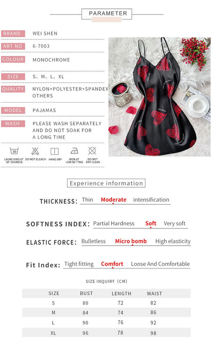 Satin night wear slip with red lip print, V-neck and open back mini nightdress, smooth summer sleep style
