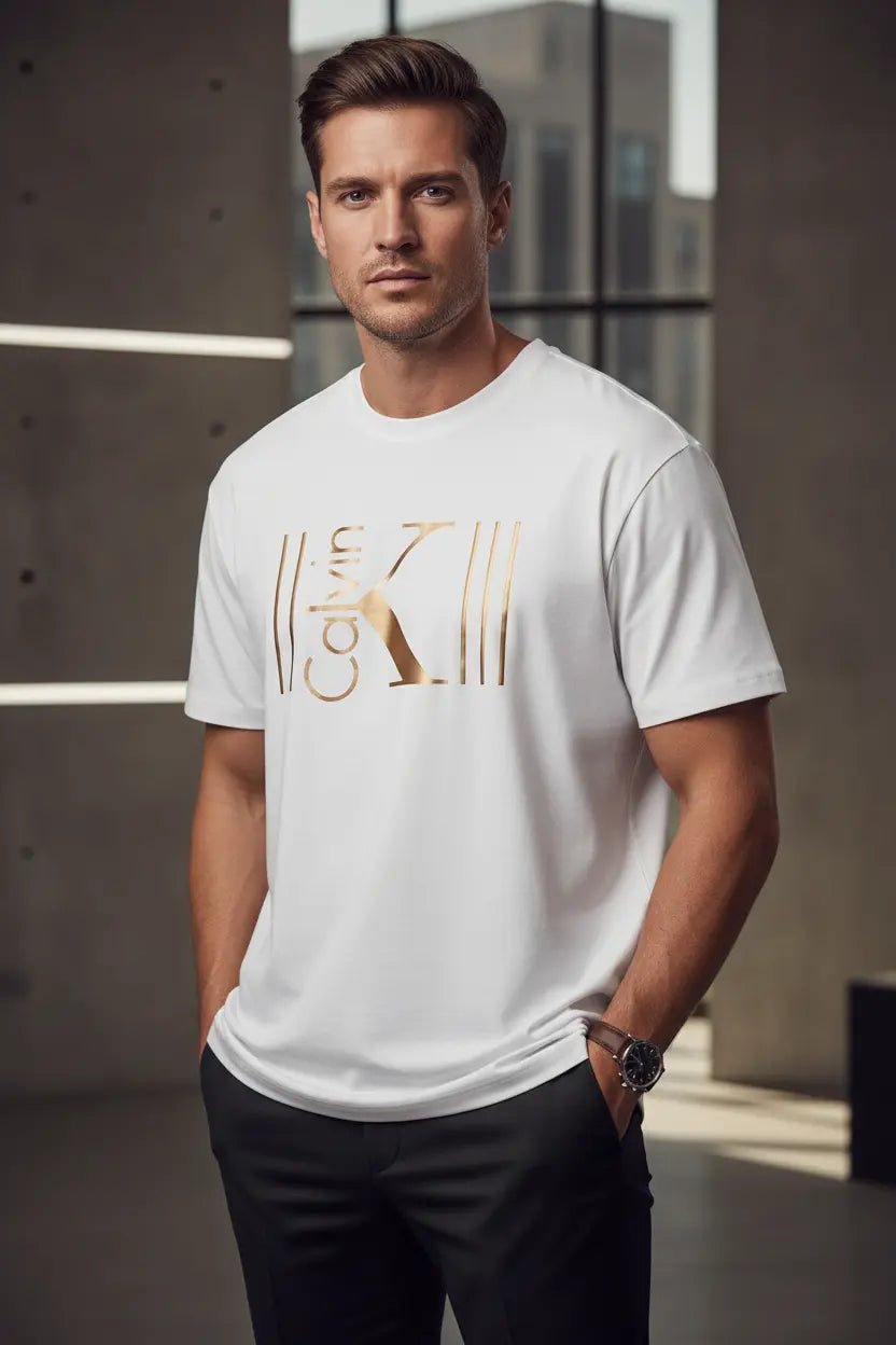 big and tall t shirts white cotton tee with gold K print, breathable short sleeve fit for spring and summer outfits
