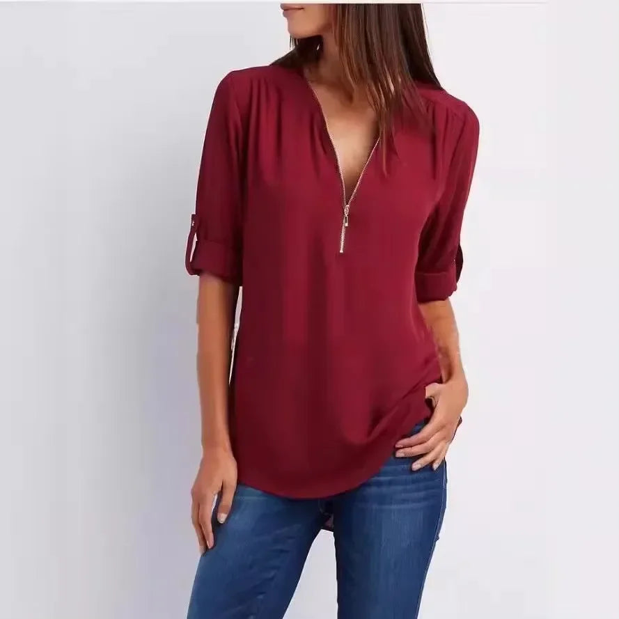 Women’s Deep V Neck Chiffon Blouse – Loose Longline