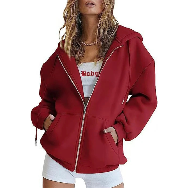 Red long sleeve full zip hoodie shown on a model, with original visual details, shown in the original supplier image gallery.