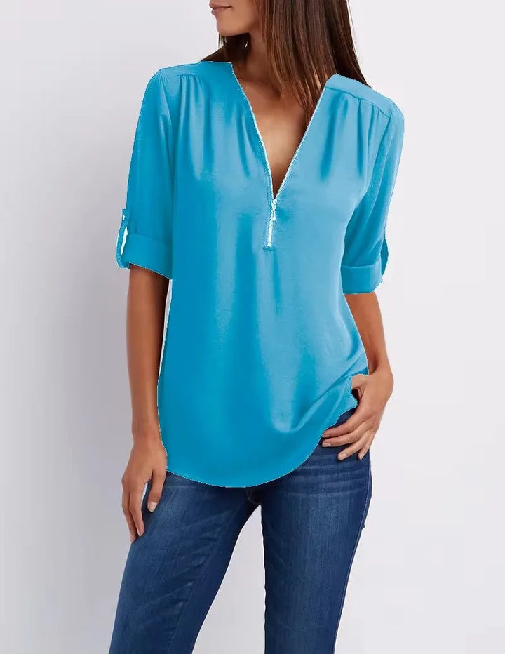 Women’s Deep V Neck Chiffon Blouse – Loose Longline