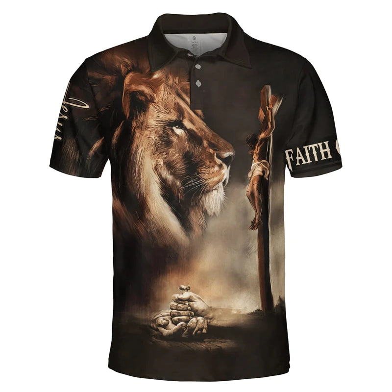 3D graphic polo product image with short-sleeve construction