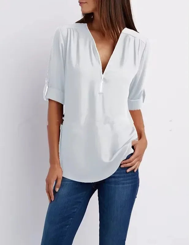 Women’s Deep V Neck Chiffon Blouse – Loose Longline