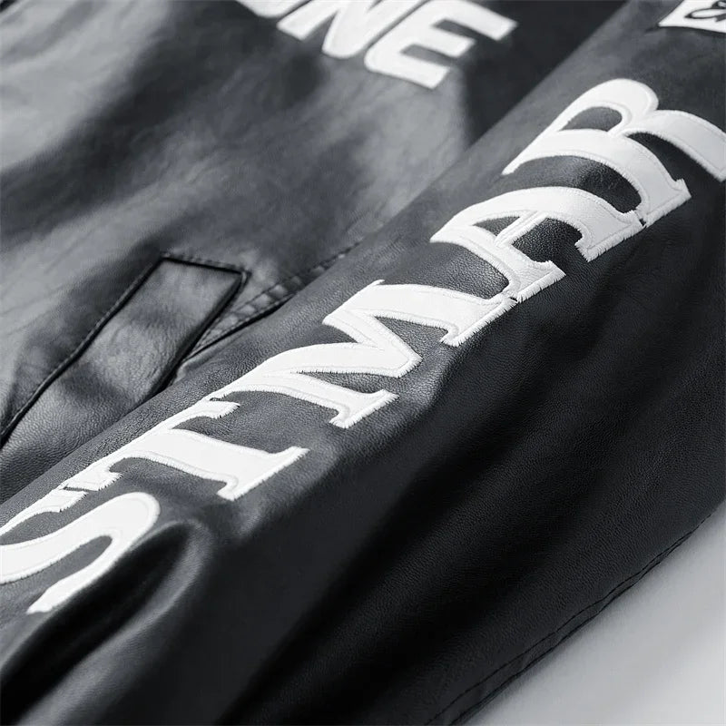 Black jacket sleeve with white lettering