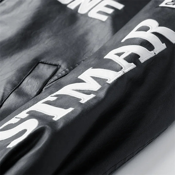Black jacket sleeve with white lettering