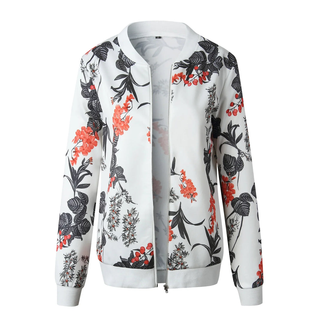 White floral bomber jacket front view on white, with red blossoms, large dark leaves, long sleeves and ribbed trim full view.