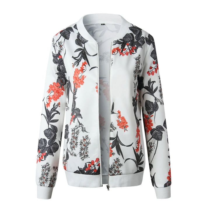 White floral bomber jacket front view on white, with red blossoms, large dark leaves, long sleeves and ribbed trim full view.