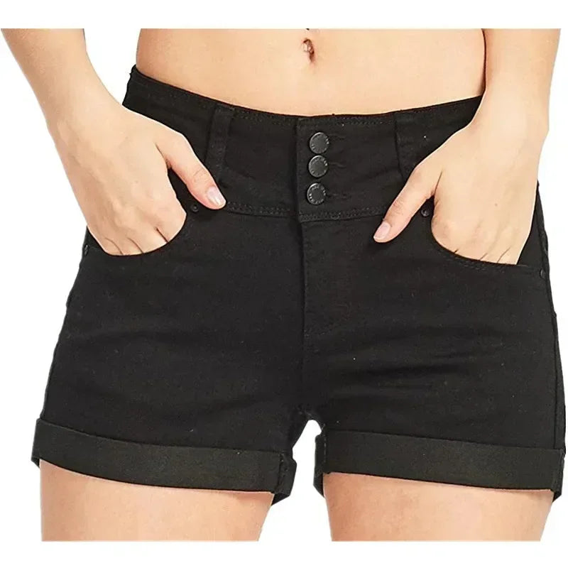 summer casual denim shorts women high waist solid pattern lightweight fabric on model walking
