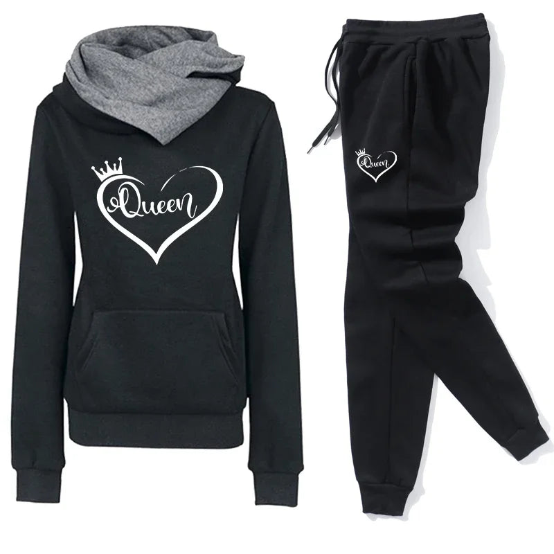 women's tracksuit set full outfit front view, printed hoodie plus matching joggers for casual streetwear look
