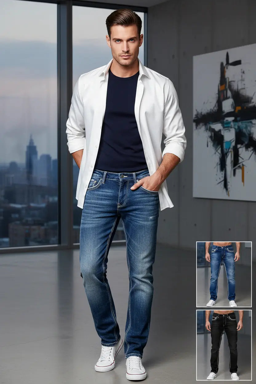 Baggy Jeans Mens - Washed Straight-Leg Denim, No Holes!