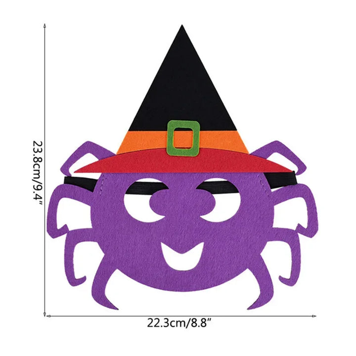 Purple spider felt mask with a black pointed hat, orange band and green buckle, displayed with source width and height labels