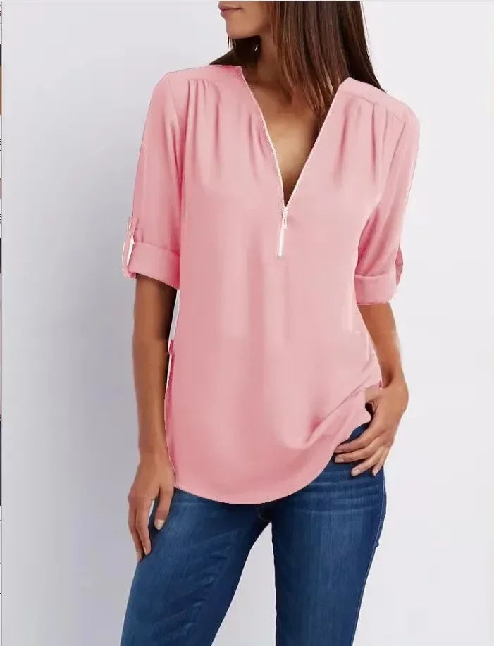 Women’s Deep V Neck Chiffon Blouse – Loose Longline